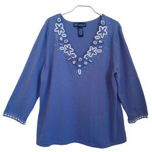 Susan Graver Sweater Blue Crochet Bead Detail Long Sleeve Top Womens size Large